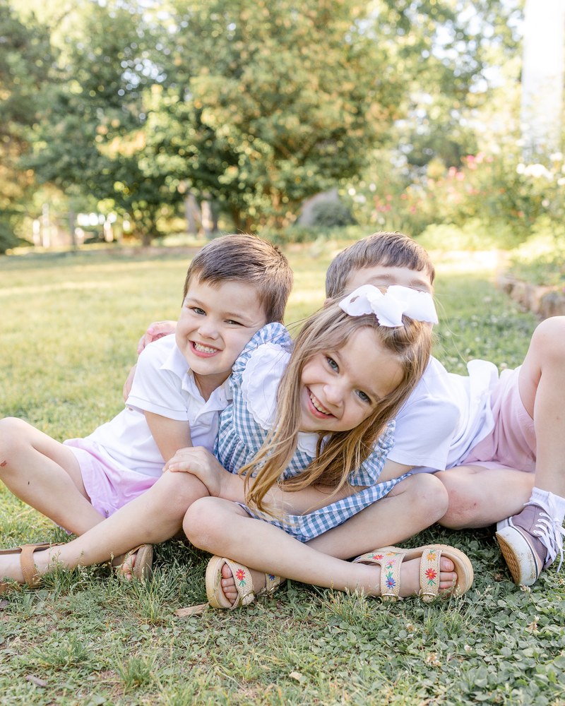 Family gathered together in a spring garden
